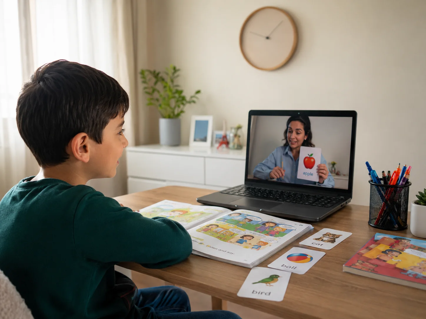 A child using learning cards during an online English lesson at home