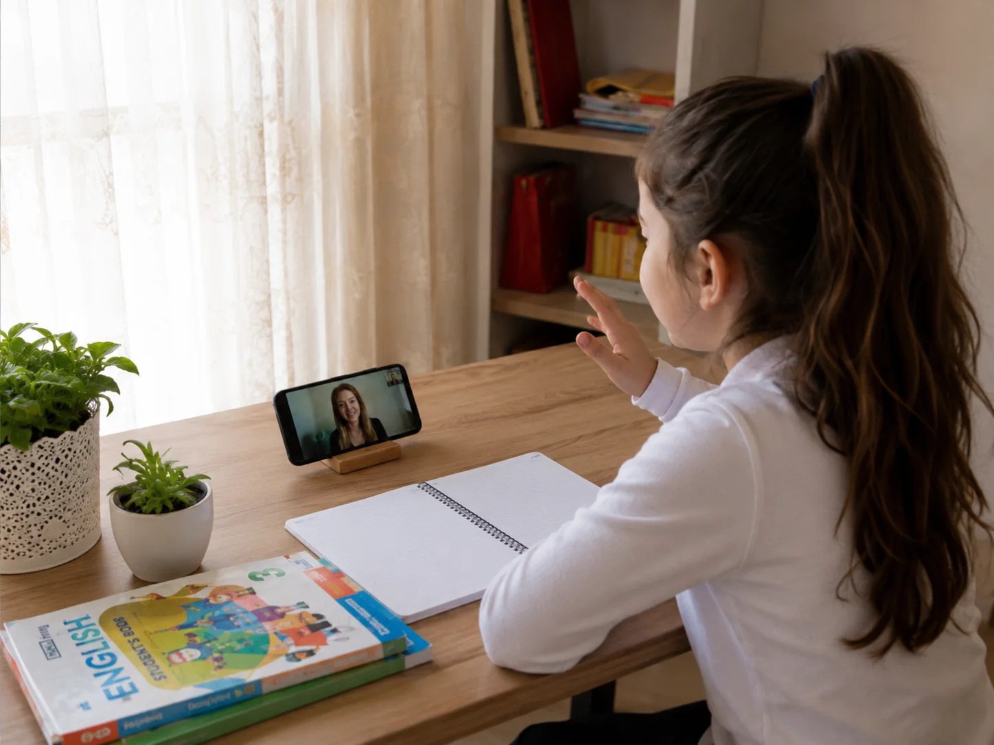 Online öğretmeniyle İngilizce konuşurken kendini rahat hisseden çocuk